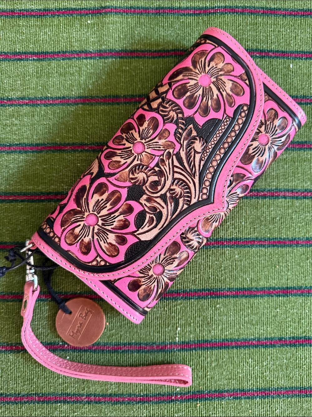 Pink Floral Tooled Wristlet Wallet - Handcrafted Leather Myra Bag